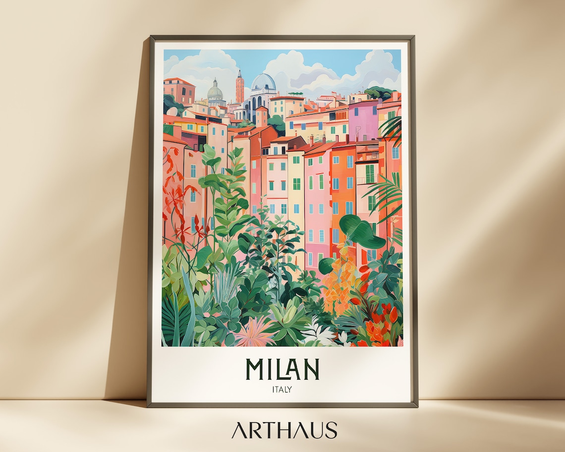 Milan Italy Colorful Old Town Houses Lush Greenery City Travel Poster