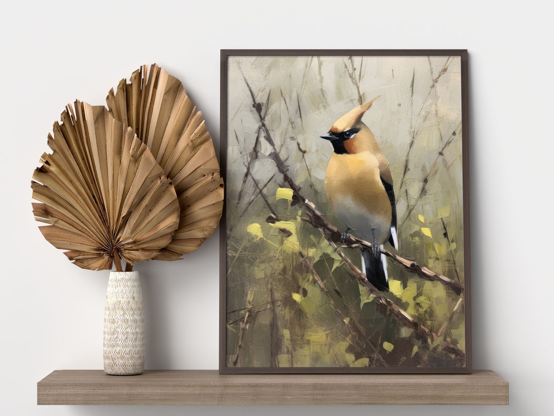 Cedar Waxwing Bird Perched on Branch Vintage Oil Painting Poster - Image 2