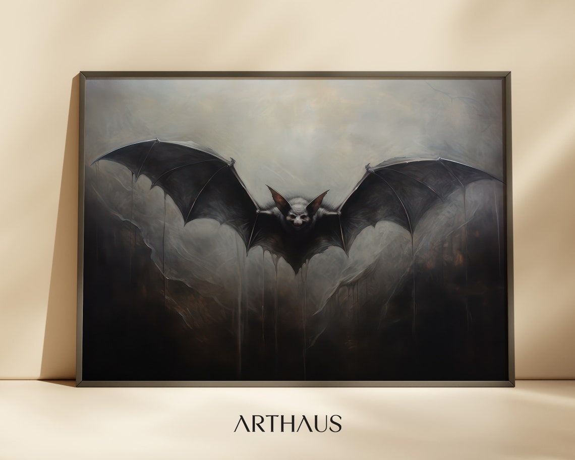 Black Bat Gliding in Dark Misty Forest Gothic Halloween Wall Art