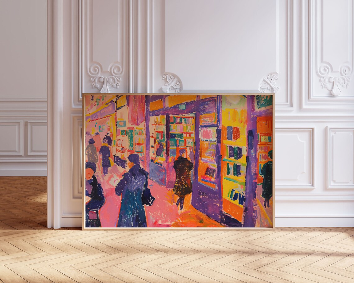 Vibrant Neon Bookstore Market Bustling Shoppers Scene Art Poster - Image 3