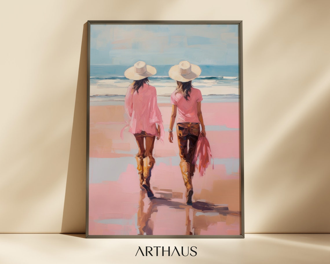 Two Girls Beach Walk Cowboy Boots Pink Western Style Wall Art