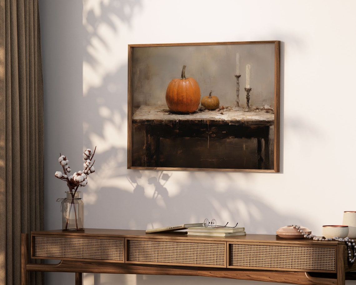 Moody Orange Pumpkins and Candles Rustic Autumn Still Life Poster - Image 3