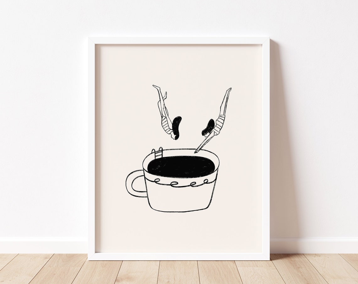 Swimmers Diving Into Giant Coffee Cup Whimsical Line Art Poster