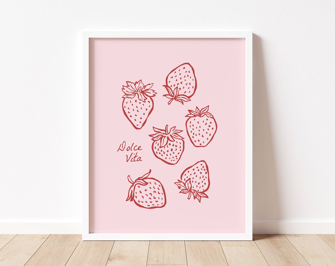 Dolce Vita Red Strawberry Line Art Pink Retro Kitchen Poster