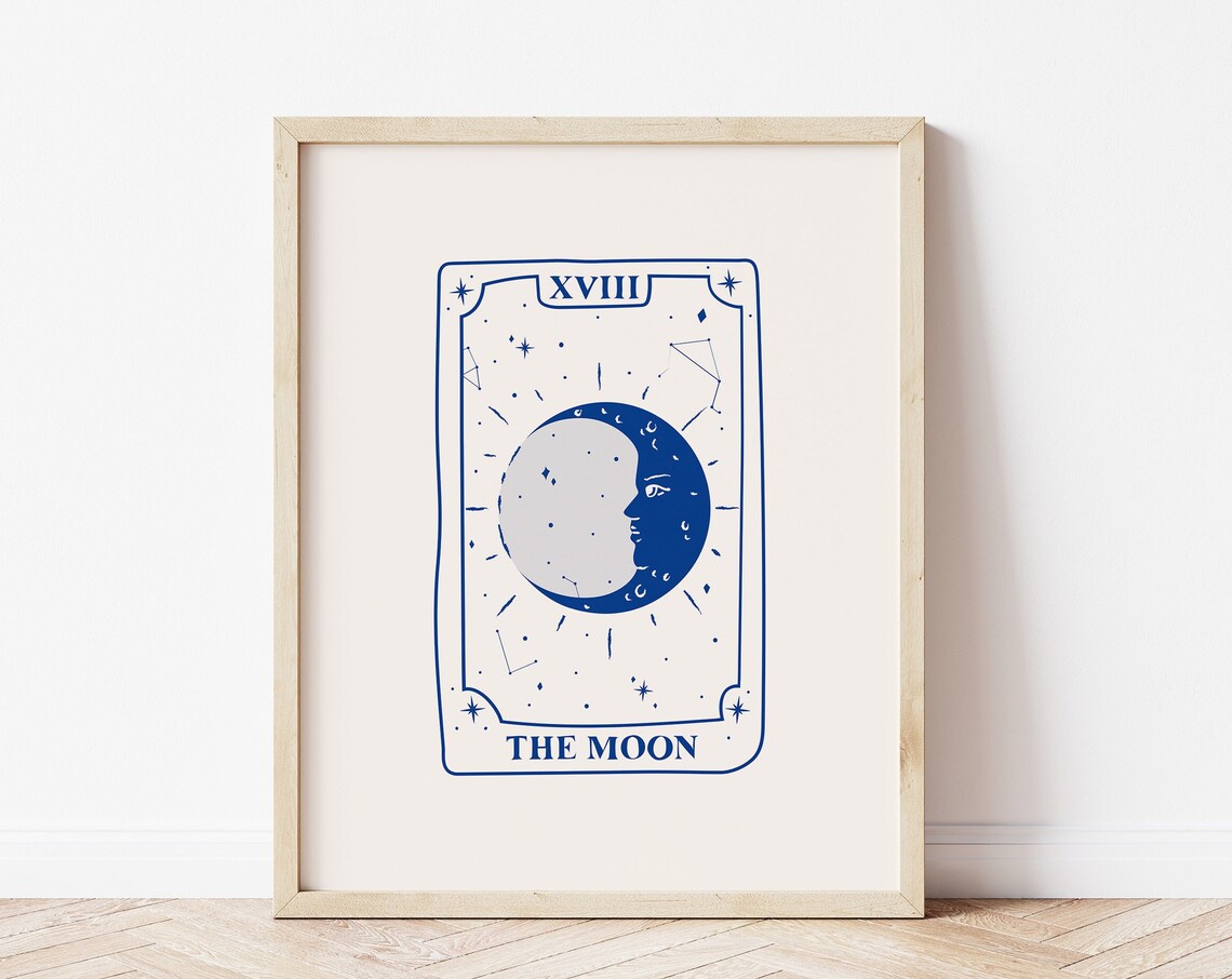The Moon Tarot Card XVIII Blue Starry Celestial Spiritual Wall Art