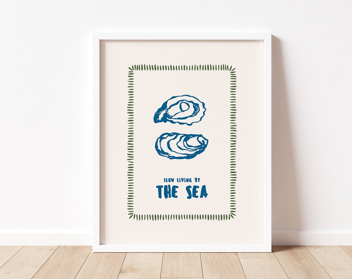 Slow Living By The Sea Navy Oyster Coastal Quote Line Art Print