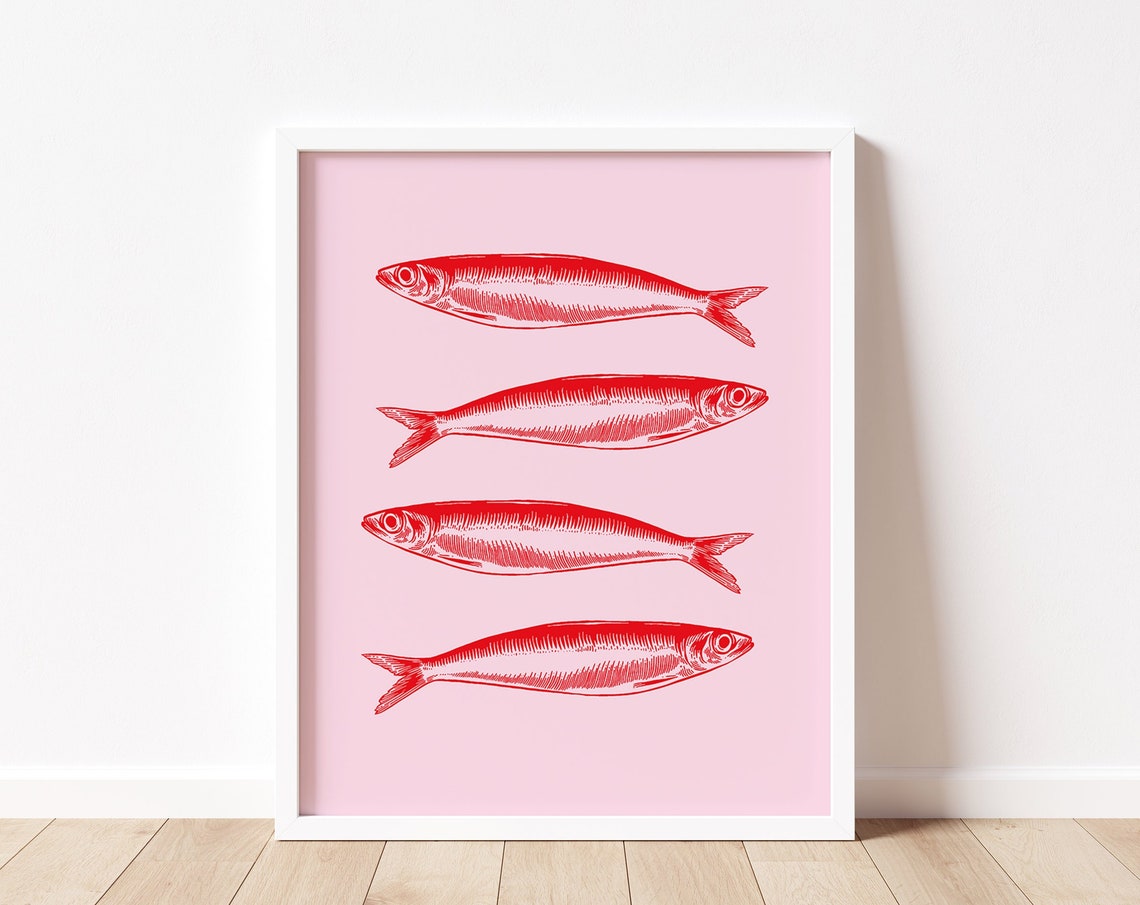 Four Red Sardines Pink Coastal Kitchen Seafood Cute Wall Art