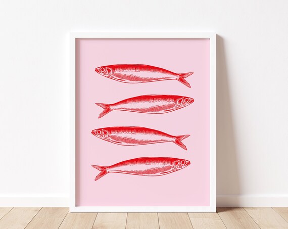 Sardines Illustration Sardines Wall Art Print Red Sardine Art Print Seafood Wall Art Sardines Tin Print Colorful Fish Print Fish Art