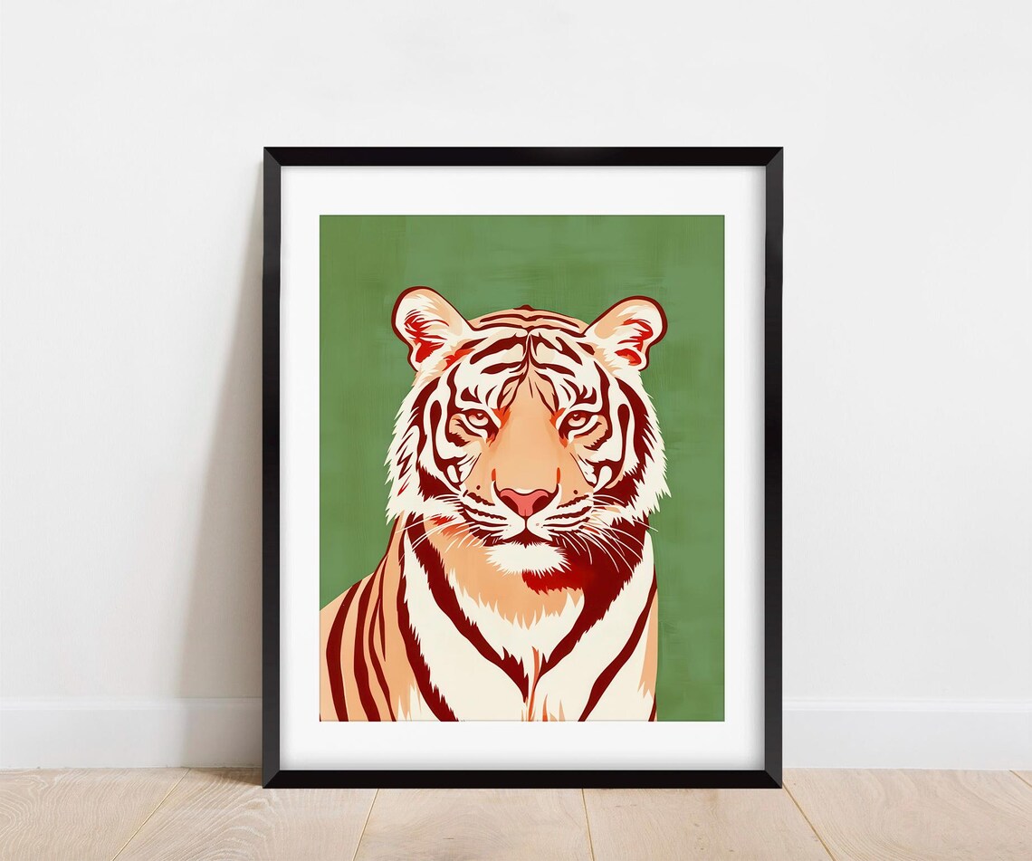 Retro Orange Tiger Face Illustration on Deep Green Background Poster - Image 3