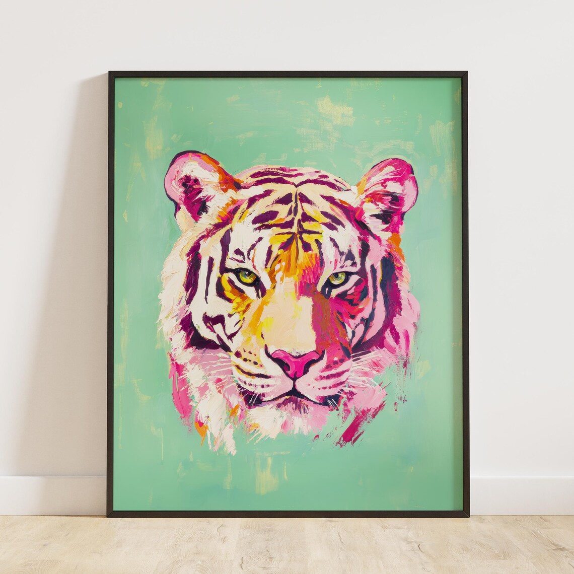 Pop Art Pink and Purple Tiger Face Portrait on Mint Green Poster - Image 3