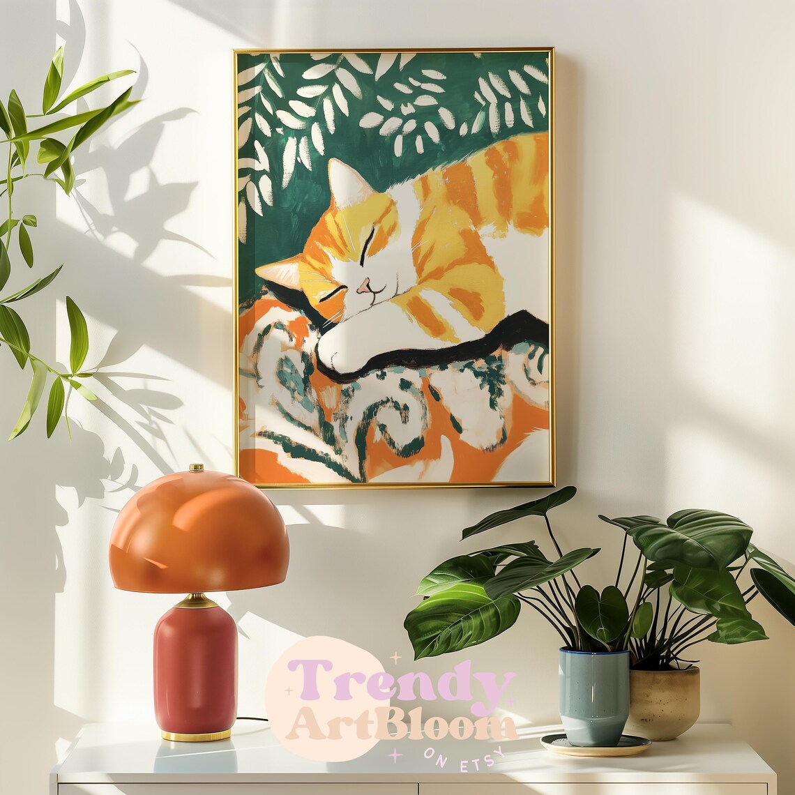 Orange Tabby Cat Sleeping Beside Green Foliage Cozy Nap Art Poster - Image 2
