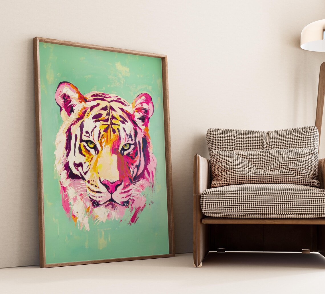 Pop Art Pink and Purple Tiger Face Portrait on Mint Green Poster - Image 5