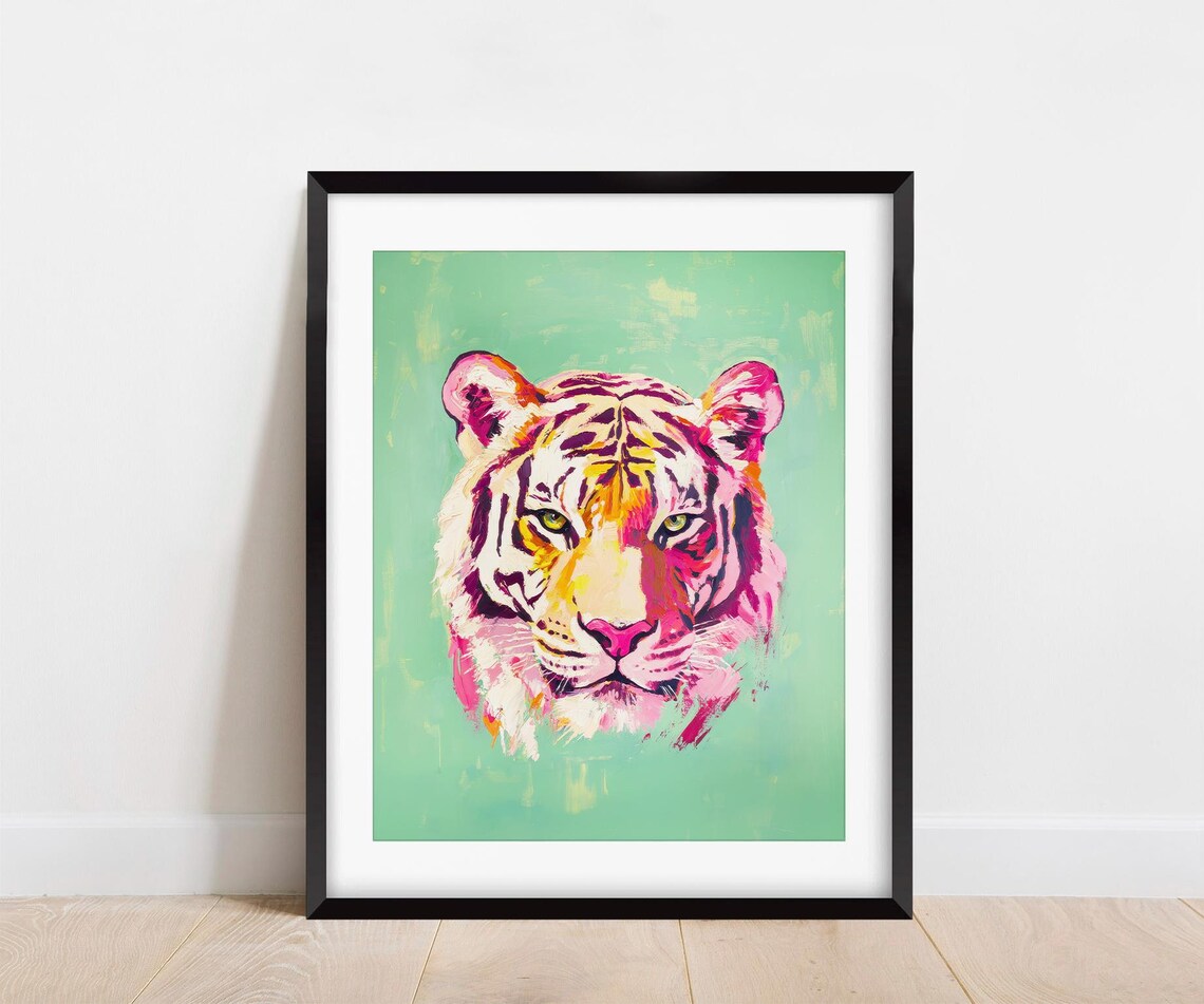 Pop Art Pink and Purple Tiger Face Portrait on Mint Green Poster - Image 4
