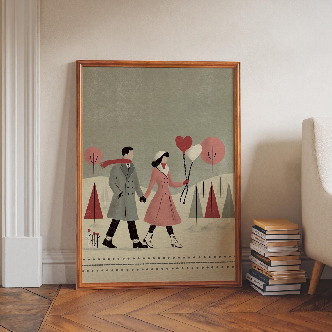 Romantic Winter Couple Heart Balloons Midcentury Love Poster