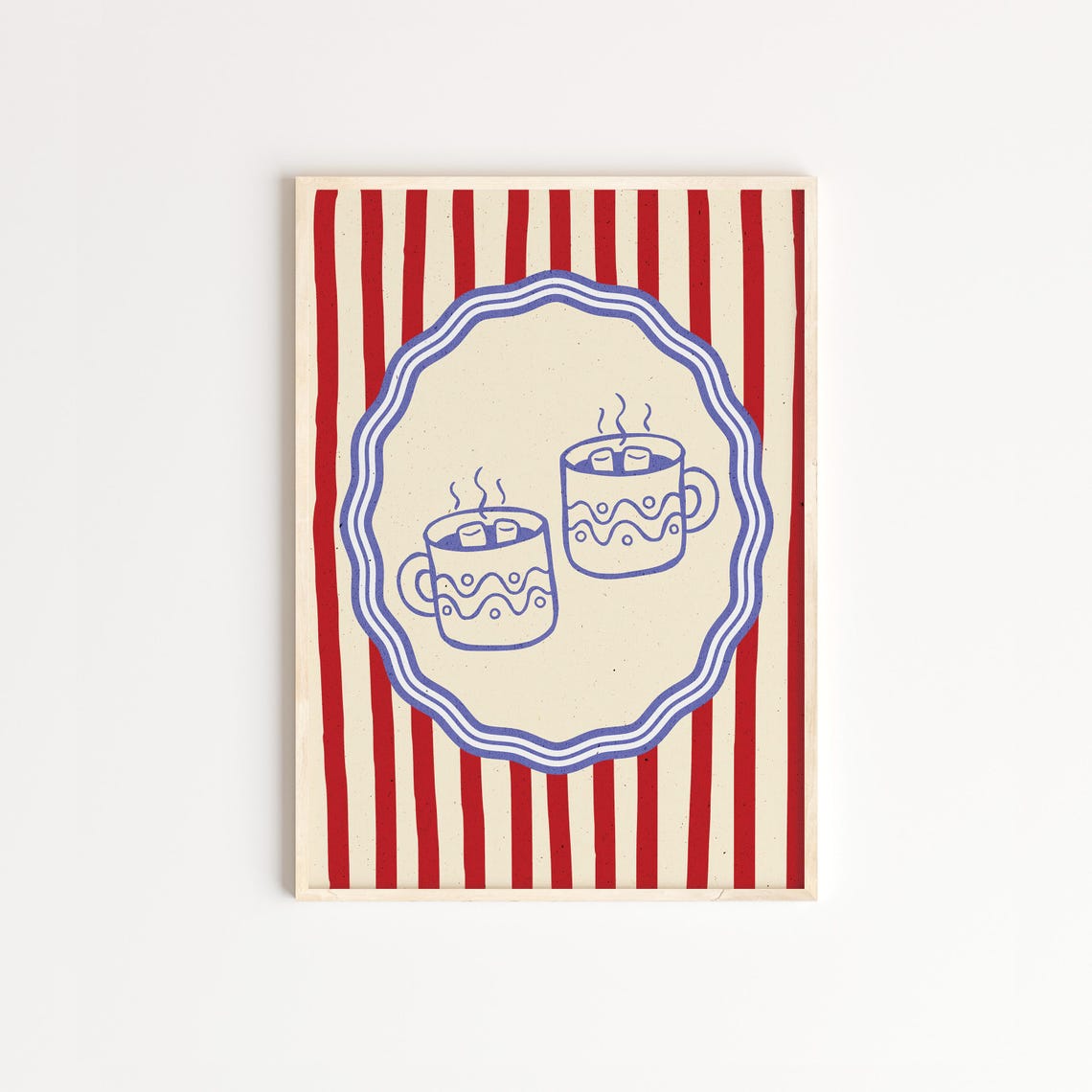Hot Cocoa Christmas Kitchen Poster in Red White and Blue Illustration