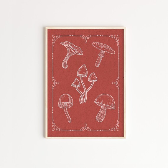 Mushroom Botanical White Line Art on Terracotta Red Fall Poster