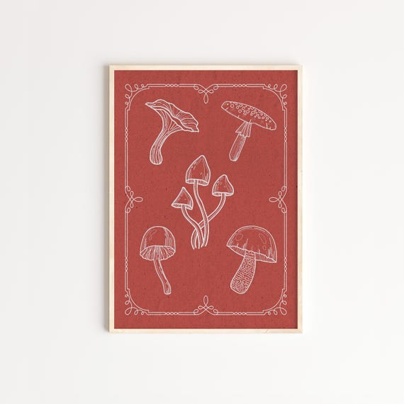 Mushrooms Poster Rustic Botanical White Line Art On Brown Fall Decor For Kitchen