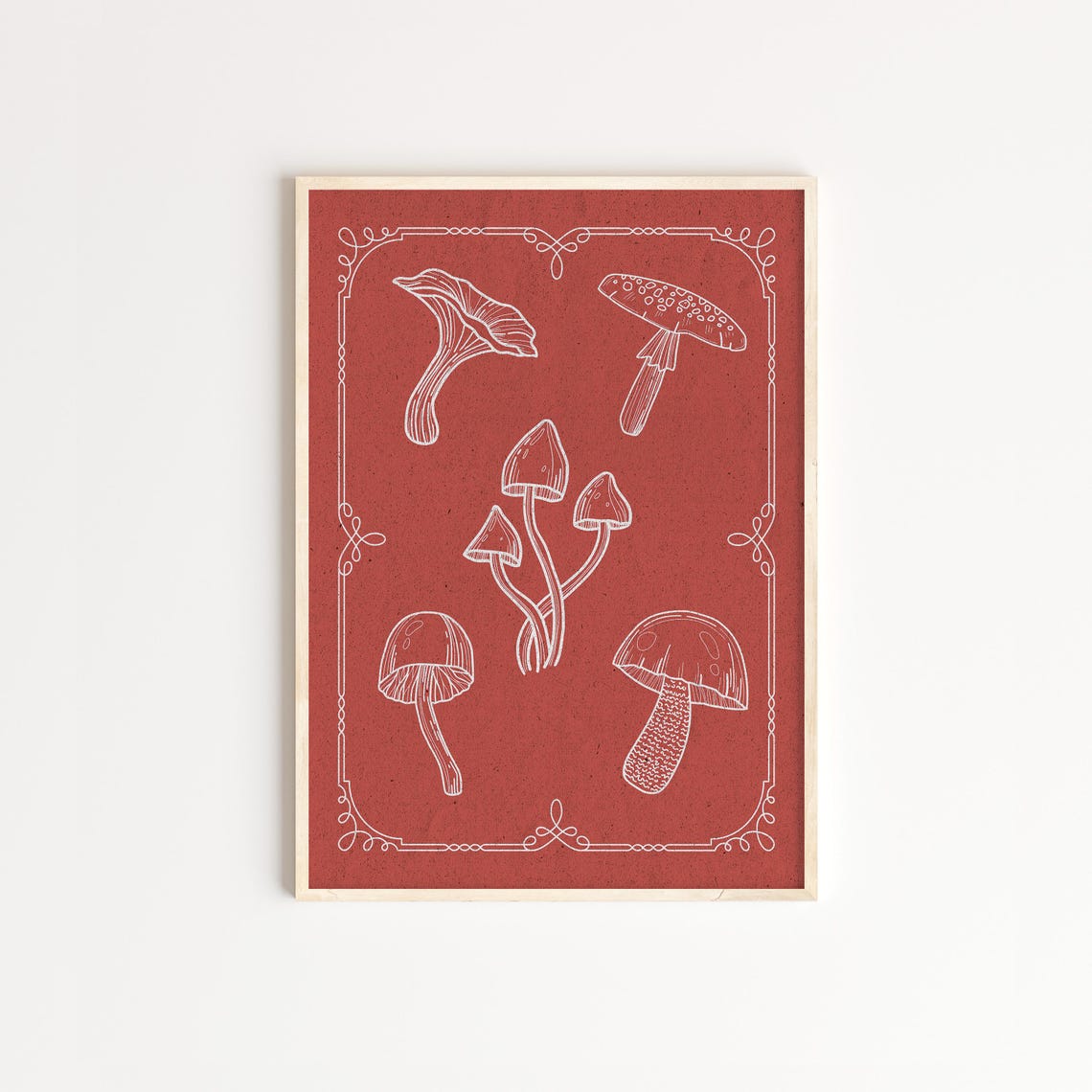 Mushrooms Poster Rustic Botanical White Line Art On Brown Fall Decor For Kitchen