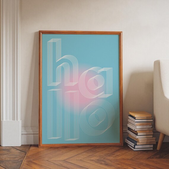 Hello Retro Line Typography Blue Pink Gradient Minimalist Gallery Print