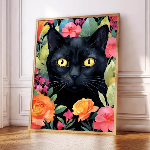 Black Cat Floral Portrait Pink Hibiscus Garden Bright Animal Wall Art