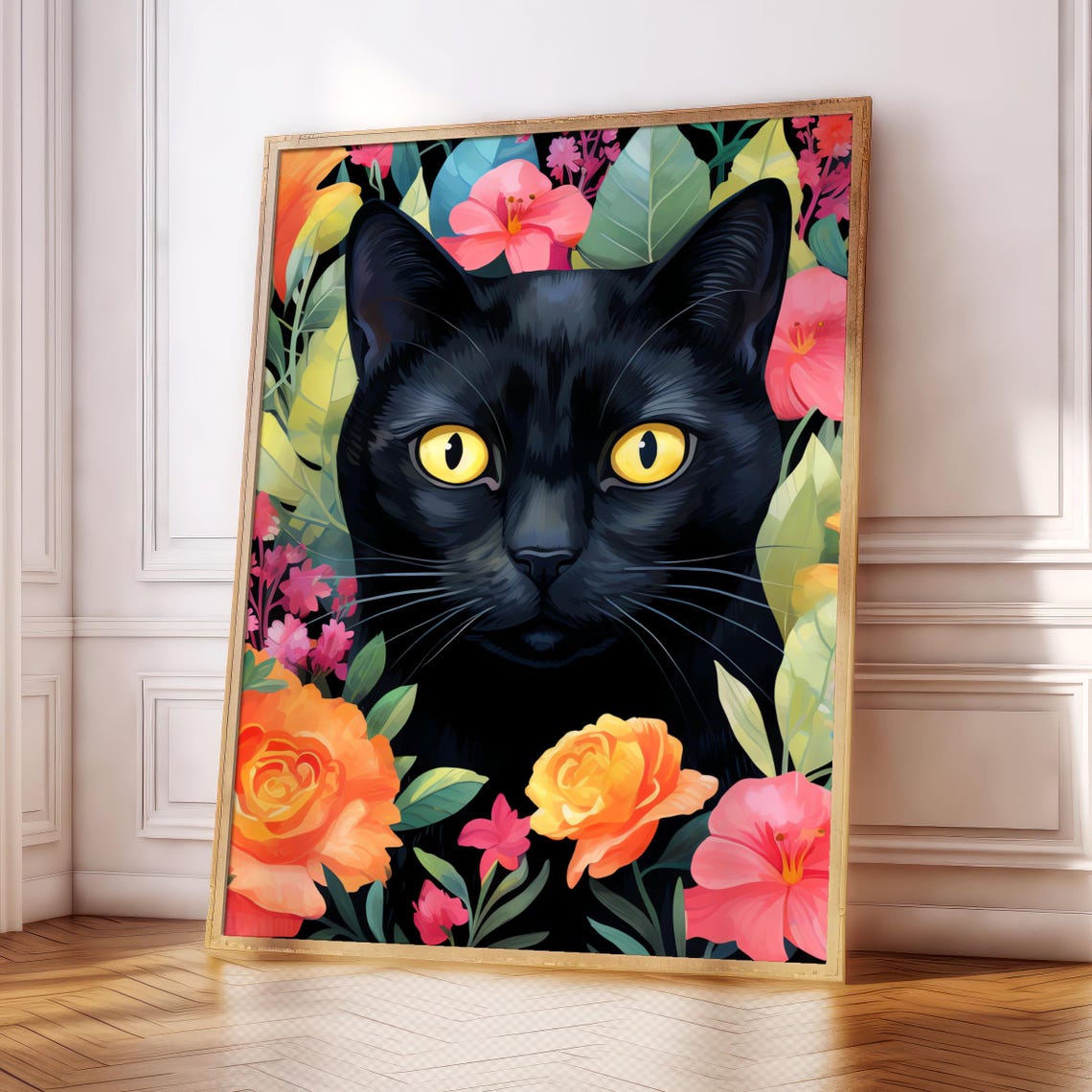 Black Cat Floral Portrait Pink Hibiscus Garden Bright Animal Wall Art
