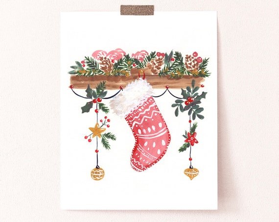 Christmas Fireplace Stocking Holiday Painting Art Print
