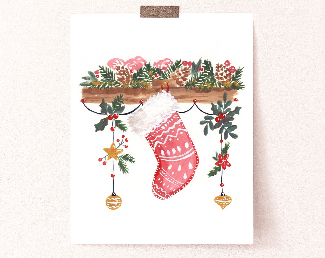 Christmas Fireplace Stocking Holiday Painting Art Print