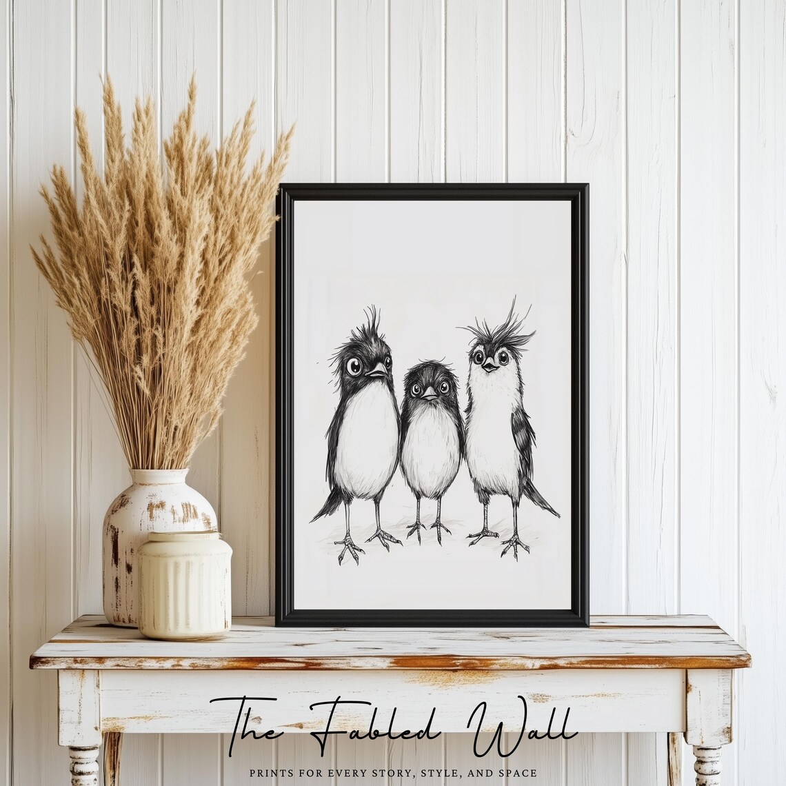 The Quirky Trio, Whimsical Black White Birds Art Print - Image 2