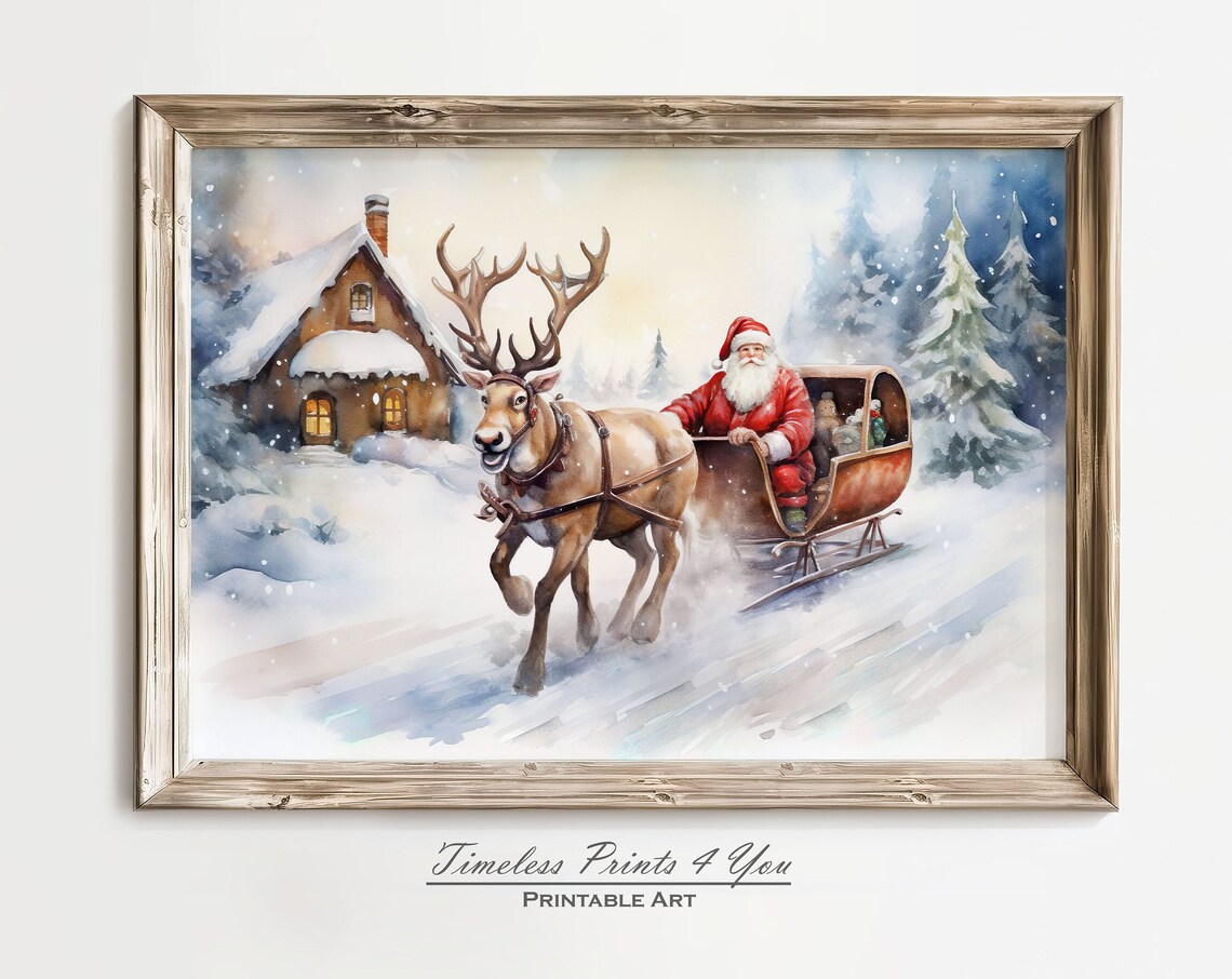 Santa Sleigh Reindeer Snowy Cabin Watercolor Christmas Art Print