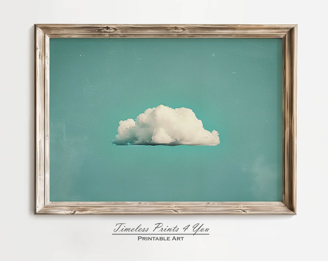 Single White Cloud On Teal Sky Vintage Minimalist Cloud Art Print