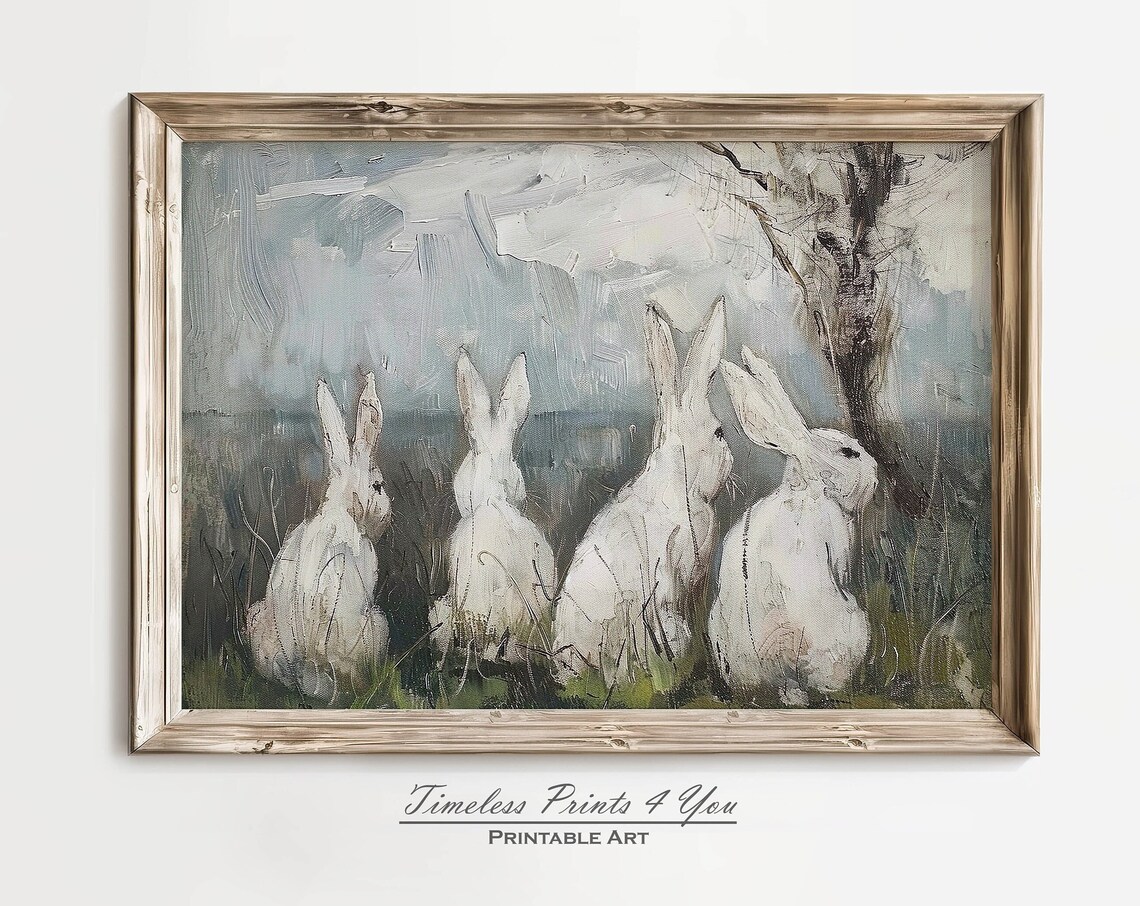 Four White Rabbits Rear View Moody Oil Painting Nature Poster