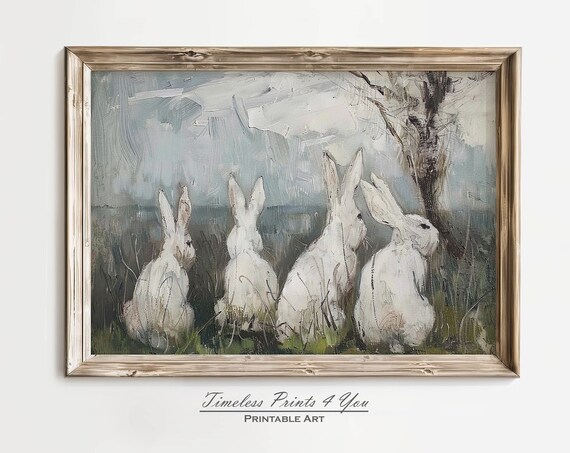 Four White Rabbits Rear View Moody Oil Painting Nature Poster