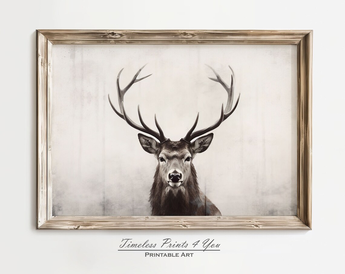 Majestic Stag Deer Portrait Neutral Winter Wildlife Art Print