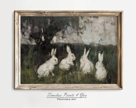 Four White Rabbits Dark Meadow Moody Vintage Oil Painting Poster