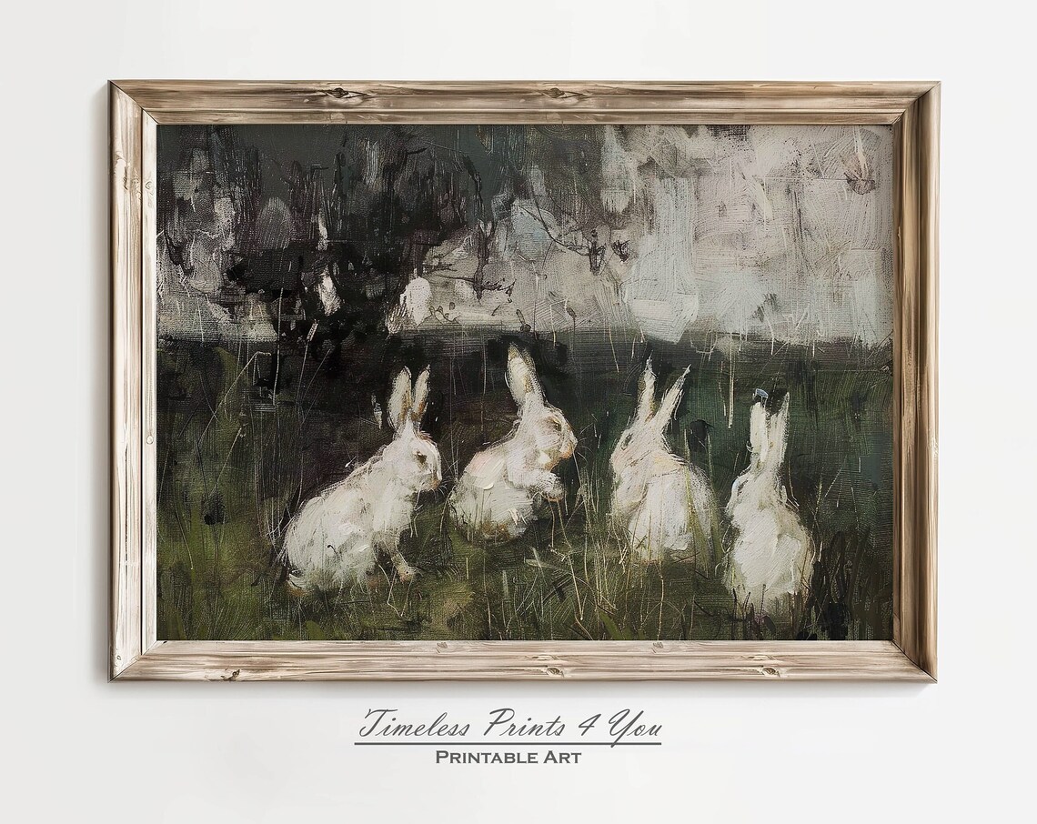 Four White Rabbits Dark Meadow Moody Vintage Oil Painting Poster