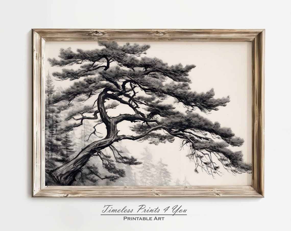 Japanese Misty Pine Tree Black Ink Mountain Sketch Art Print