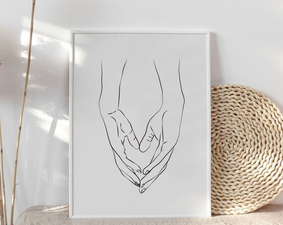 Holding Hands Line Art Print One Drawing Wall Prints Minimalist Couples Hand Poster Heart