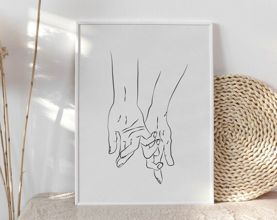 One Line Art Couple Hands Minimalist Wall Hand Print Gift Instant