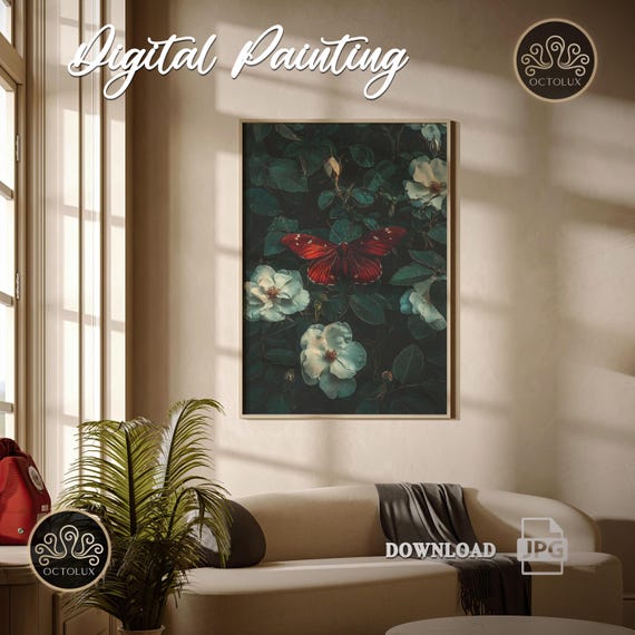 Red Moth Vintage Style Gothic Art For Gift Wall Decor Red Moth Artwork Oil Painting Of Gothic Scene Butterfly