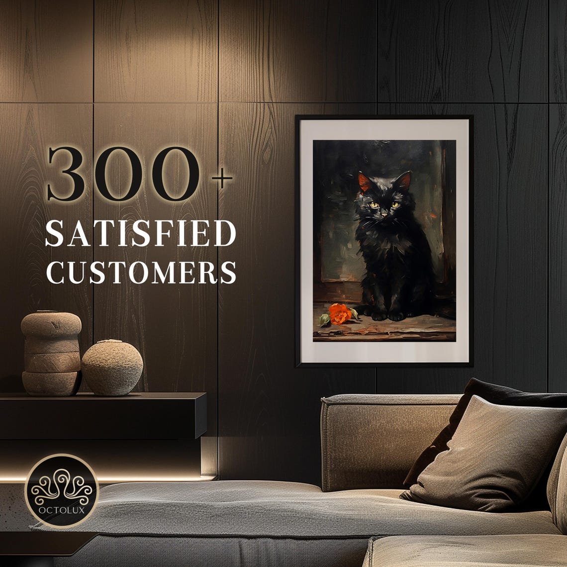 Black Cat Yellow Eyes Moody Oil Painting Dark Spooky Kitty Wall Art - Image 2