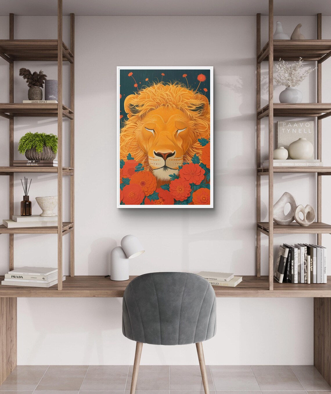Sleeping Lion Face Surrounded by Red Flowers on Teal Background Art Print - Image 2