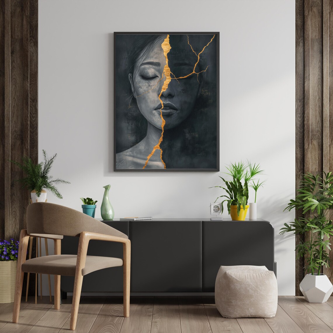 Kintsugi Woman Portrait, Black And Gold Art Print - Image 3