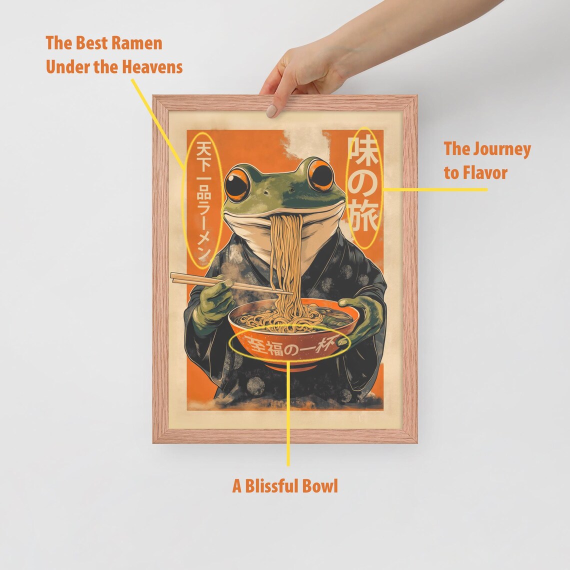 Cute Frog in Kimono Lifting Noodles From Orange Bowl Japanese Art Poster - Image 4