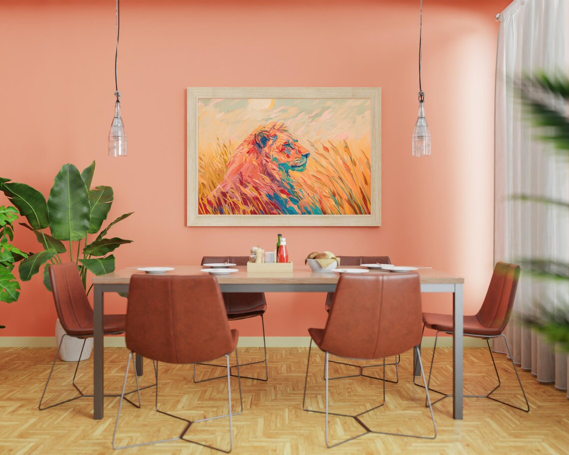 Lion in Golden Grass Impasto Oil Brushstrokes Orange and Teal Art Poster - Image 2