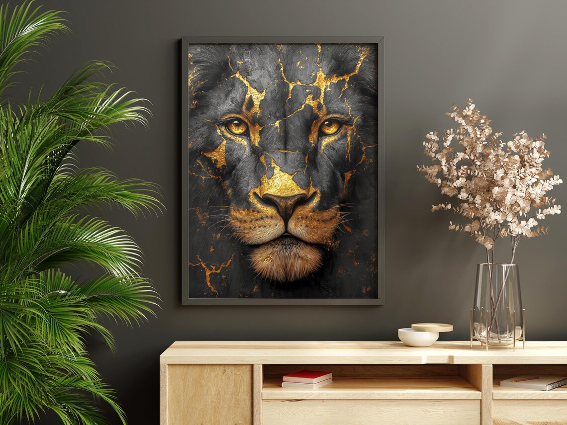 Majestic Black Lion With Golden Kintsugi Cracks Luxury Animal Wall Art Poster - Image 4