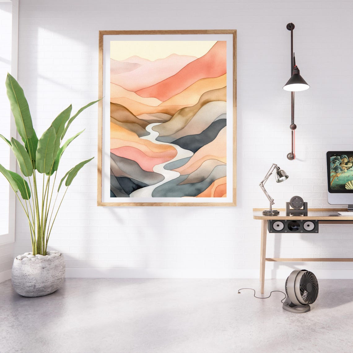 Muted Watercolor Mountain River Valley Earthy Tones Boho Wall Poster - Image 3