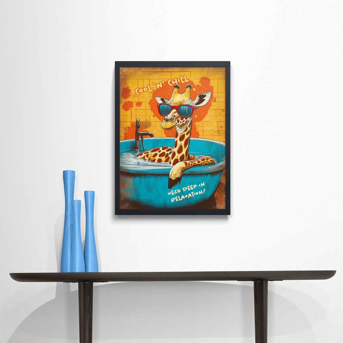 Cool Giraffe With Sunglasses Relaxing in Blue Bathtub Funny Animal Poster - Image 2