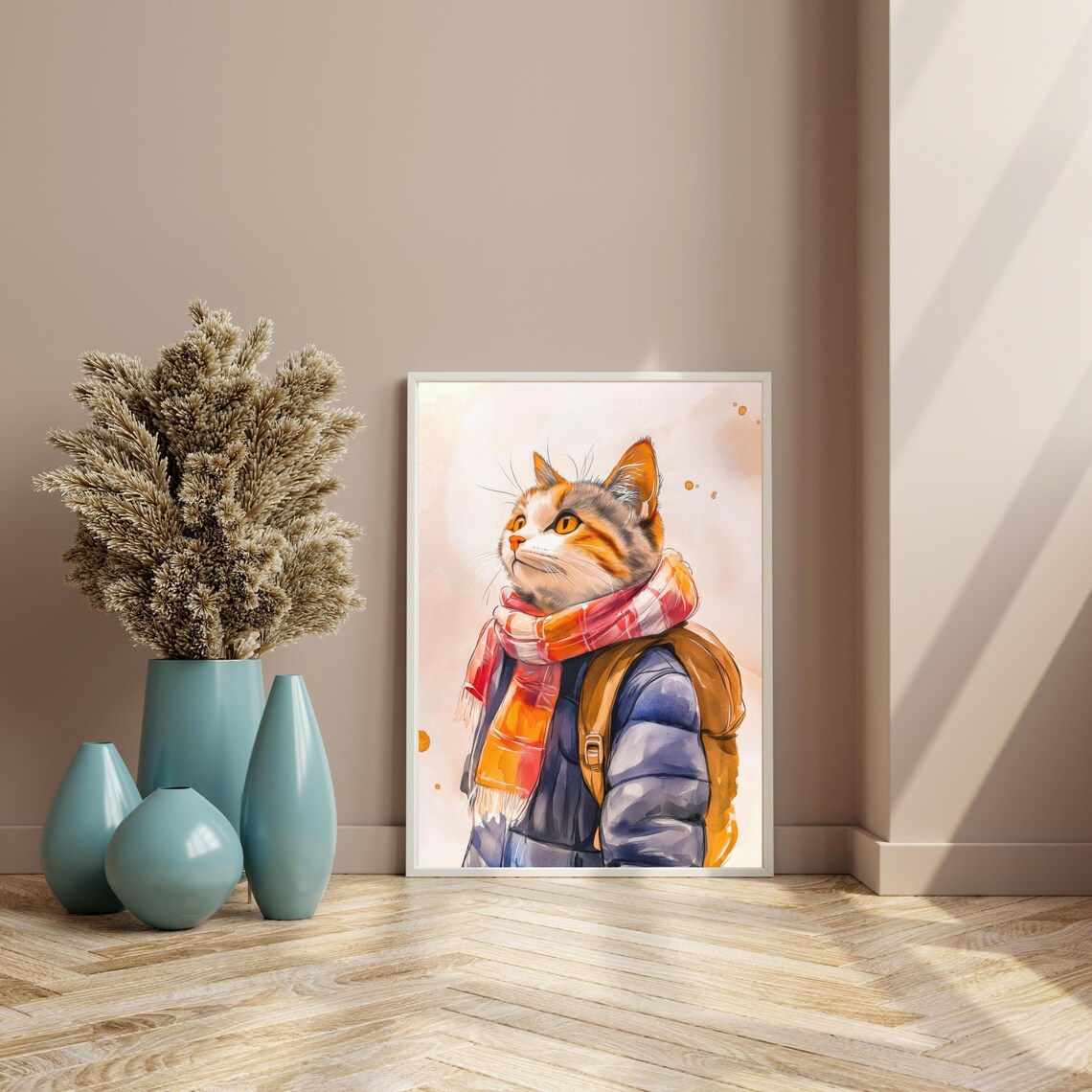 Adorable Tabby Cat in Puffer Jacket and Scarf Watercolor Animal Art Poster - Image 5