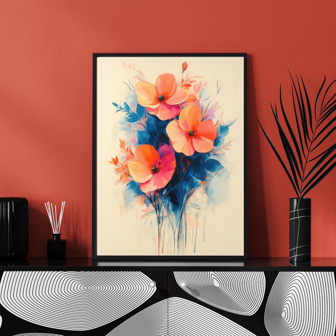 Bold Orange Poppy Flowers Blue Foliage Abstract Watercolor Poster - Image 4