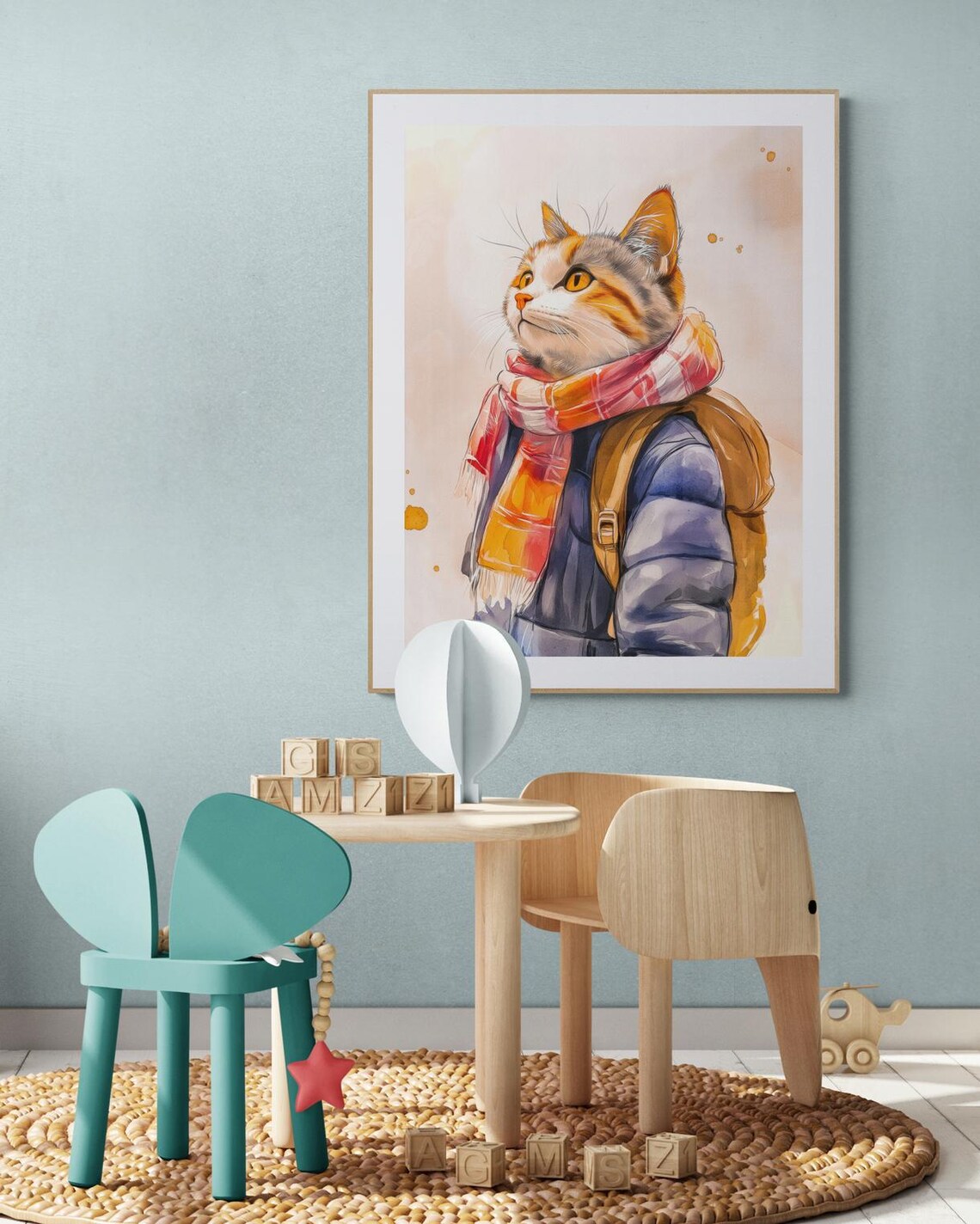 Adorable Tabby Cat in Puffer Jacket and Scarf Watercolor Animal Art Poster - Image 2